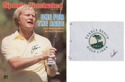 Lot of (2) Arnold Palmer Signed Pebble Beach Golf Flag & Jack Nicklaus Signed 16x20 Sports Illustrated Cover (Beckett & Fanatics)